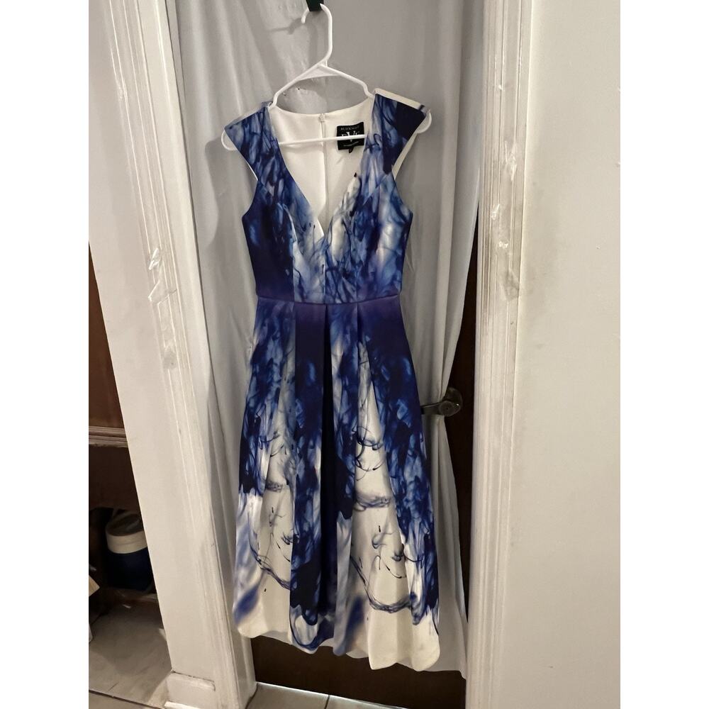 Black Halo Eve By Laurel Berman Blue White Water Color Midi Dress Sz 0 Wedding